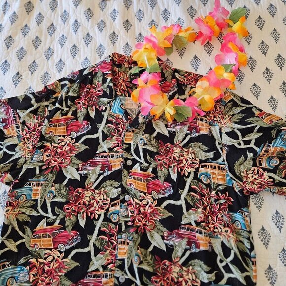 Izod Club Black Hawaiian Shirt L Aloha Car Print Retro 50s Style - Picture 6 of 8